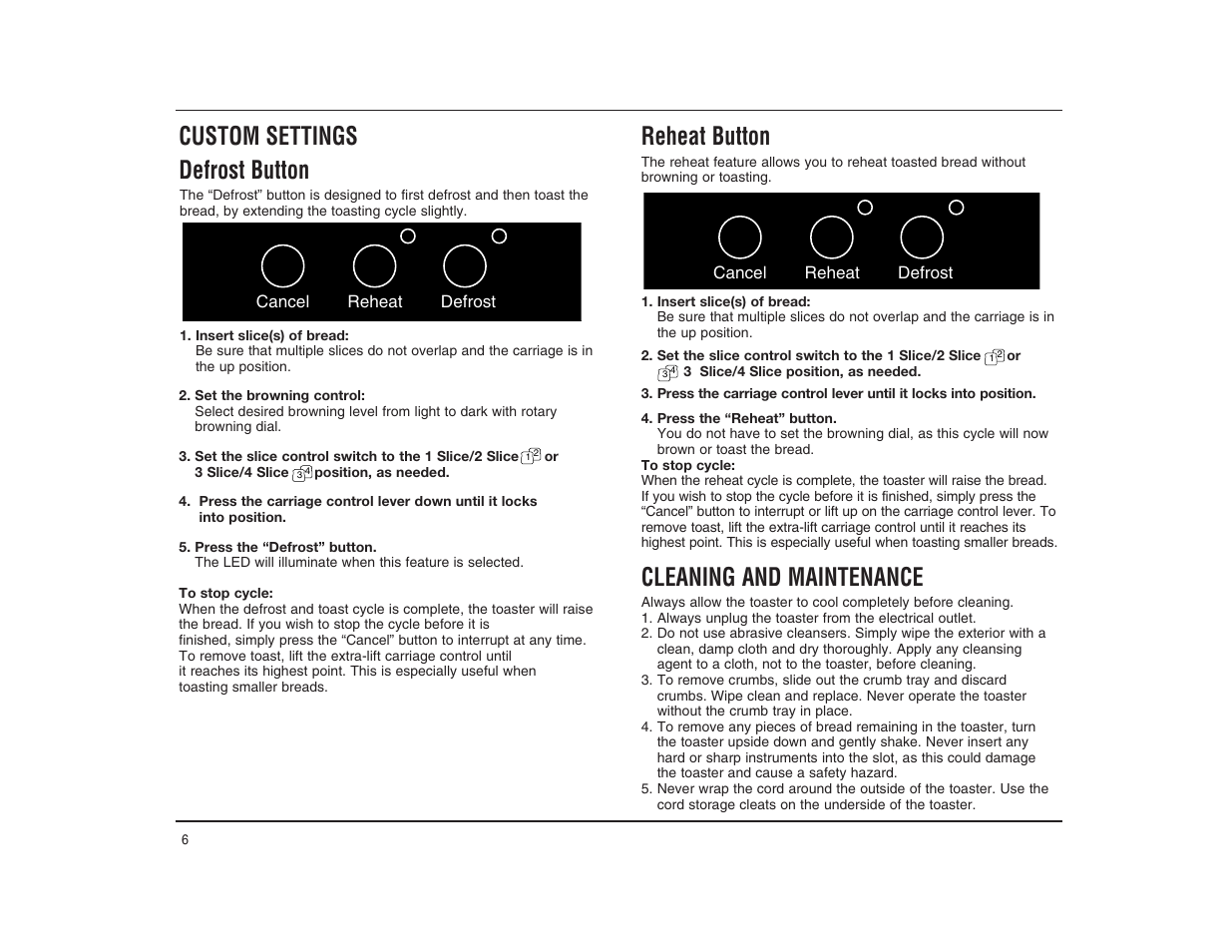 Custom settings defrost button, Reheat button, Cleaning and maintenance | Cuisinart 01CU13179 User Manual | Page 6 / 8