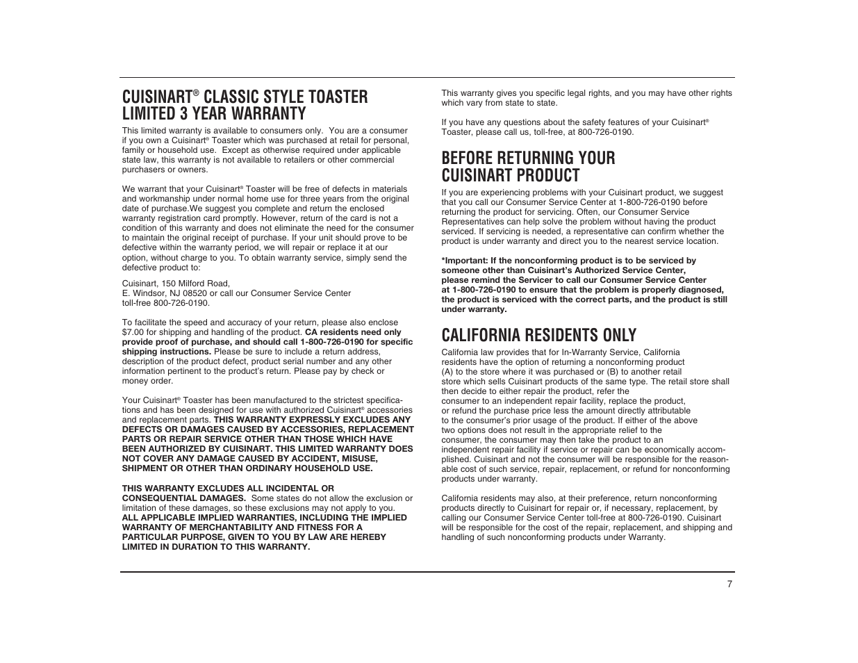 Cuisinart, Classic style toaster limited 3 year warranty, Before returning your cuisinart product | California residents only | Cuisinart 01CU13179 User Manual | Page 7 / 8