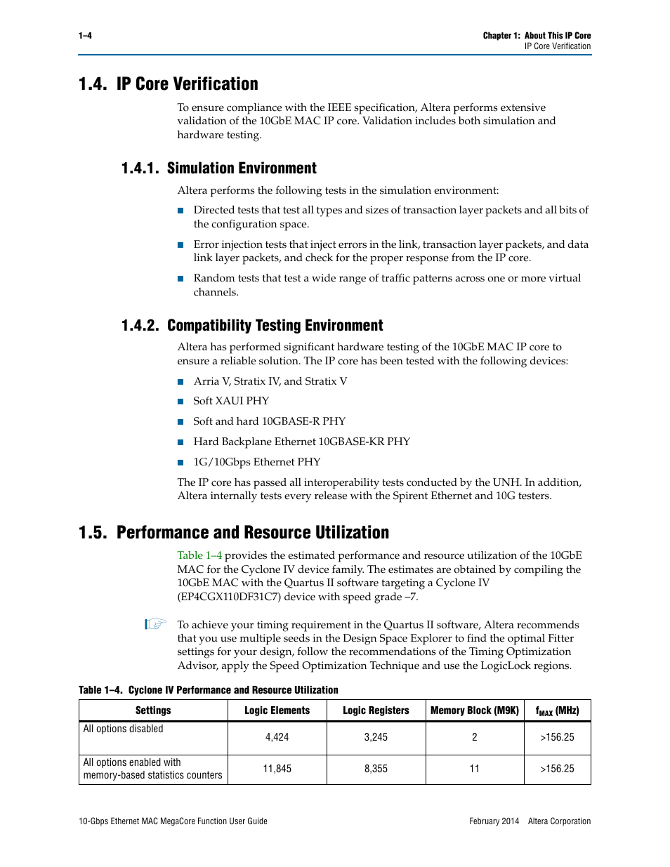Ip core verification, Simulation environment, Compatibility testing environment | Performance and resource utilization, Ip core verification –4, Performance and resource utilization –4 | Altera 10-Gbps Ethernet MAC MegaCore Function User Manual | Page 10 / 175