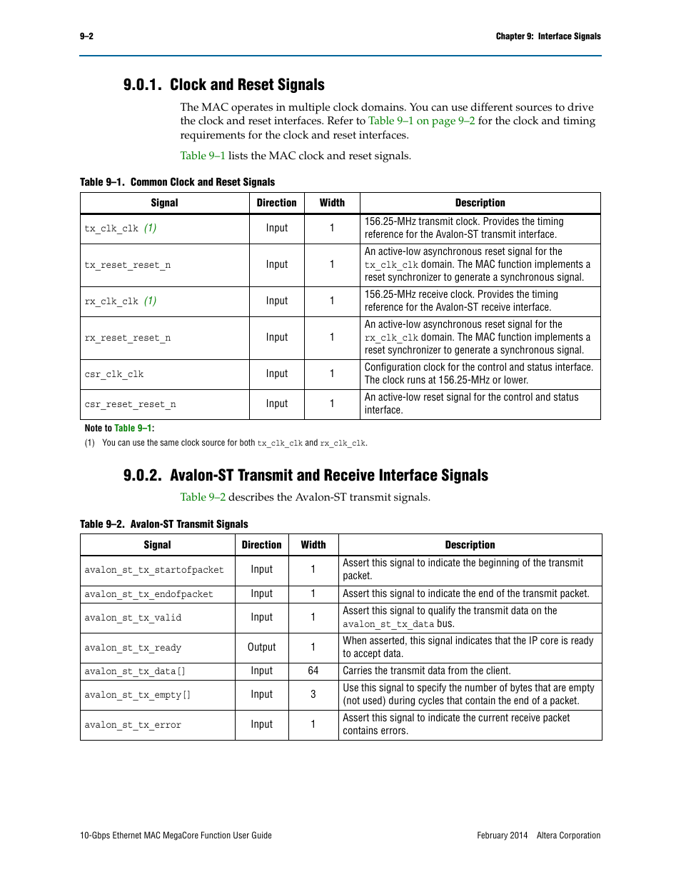 Clock and reset signals, Avalon-st transmit and receive interface signals | Altera 10-Gbps Ethernet MAC MegaCore Function User Manual | Page 121 / 175