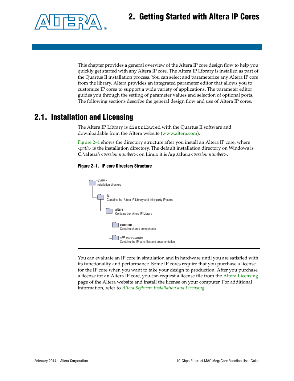 Getting started with altera ip cores, Installation and licensing, Chapter 2. getting started with altera ip cores | Installation and licensing –1 | Altera 10-Gbps Ethernet MAC MegaCore Function User Manual | Page 13 / 175