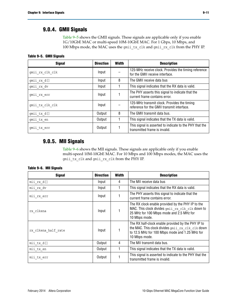 Gmii signals, Mii signals, Gmii signals –11 9.0.5. mii signals –11 | Altera 10-Gbps Ethernet MAC MegaCore Function User Manual | Page 130 / 175