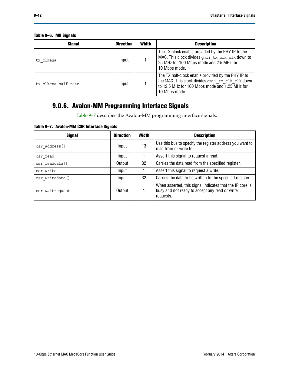 Avalon-mm programming interface signals, Avalon-mm programming interface signals –12 | Altera 10-Gbps Ethernet MAC MegaCore Function User Manual | Page 131 / 175