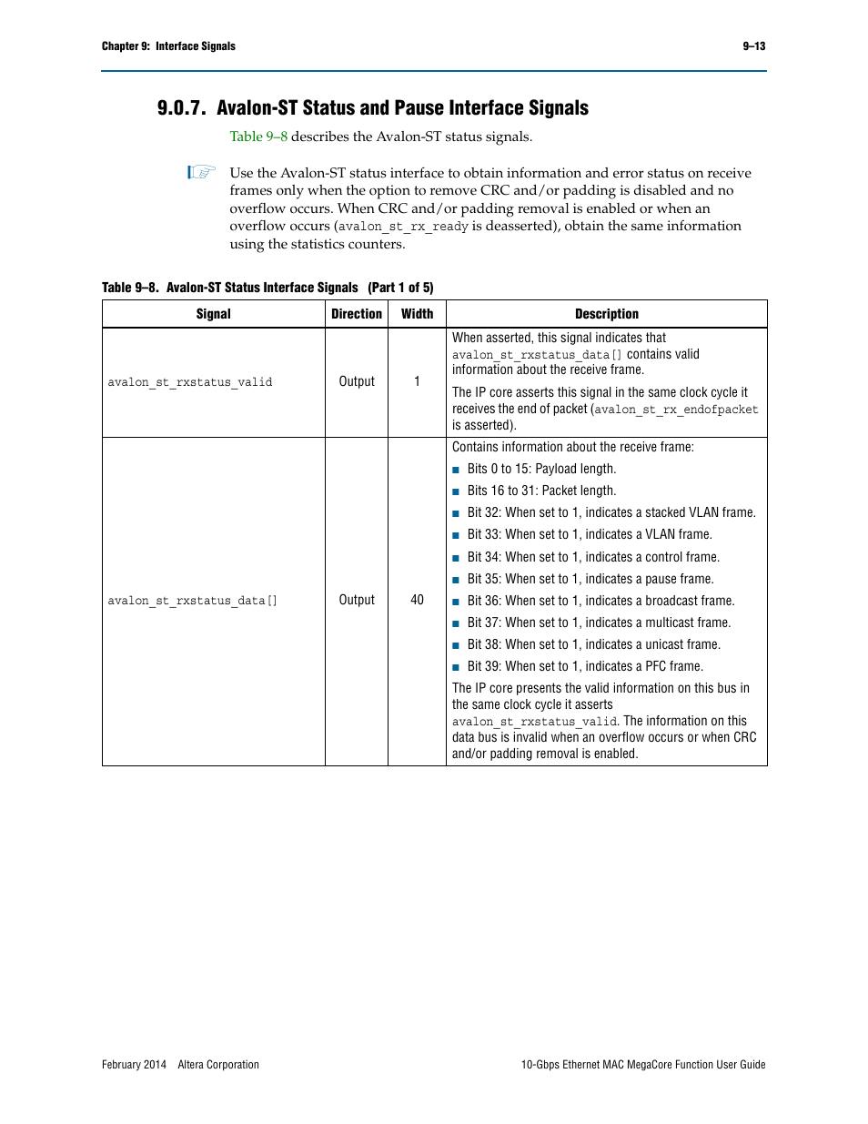 Avalon-st status and pause interface signals, Avalon-st status and pause interface signals –13 | Altera 10-Gbps Ethernet MAC MegaCore Function User Manual | Page 132 / 175