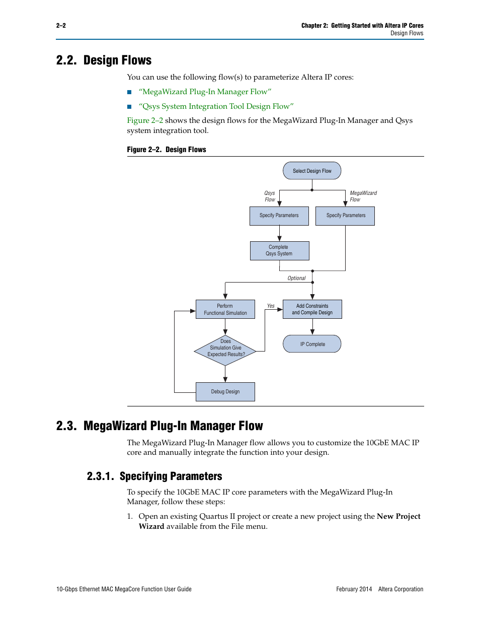 Design flows, Megawizard plug-in manager flow, Specifying parameters | Specifying parameters –2 | Altera 10-Gbps Ethernet MAC MegaCore Function User Manual | Page 14 / 175