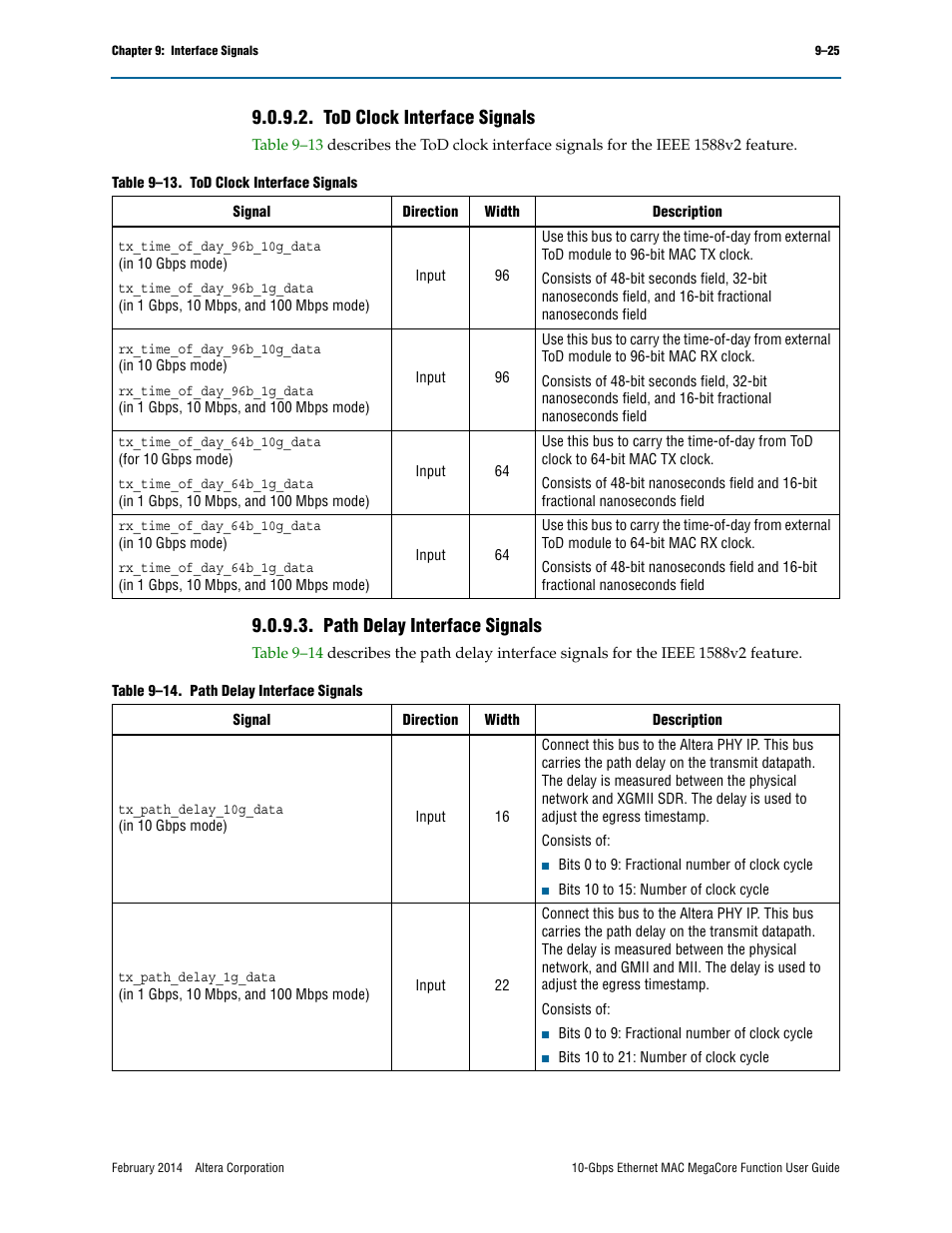 Tod clock interface signals, Path delay interface signals | Altera 10-Gbps Ethernet MAC MegaCore Function User Manual | Page 144 / 175