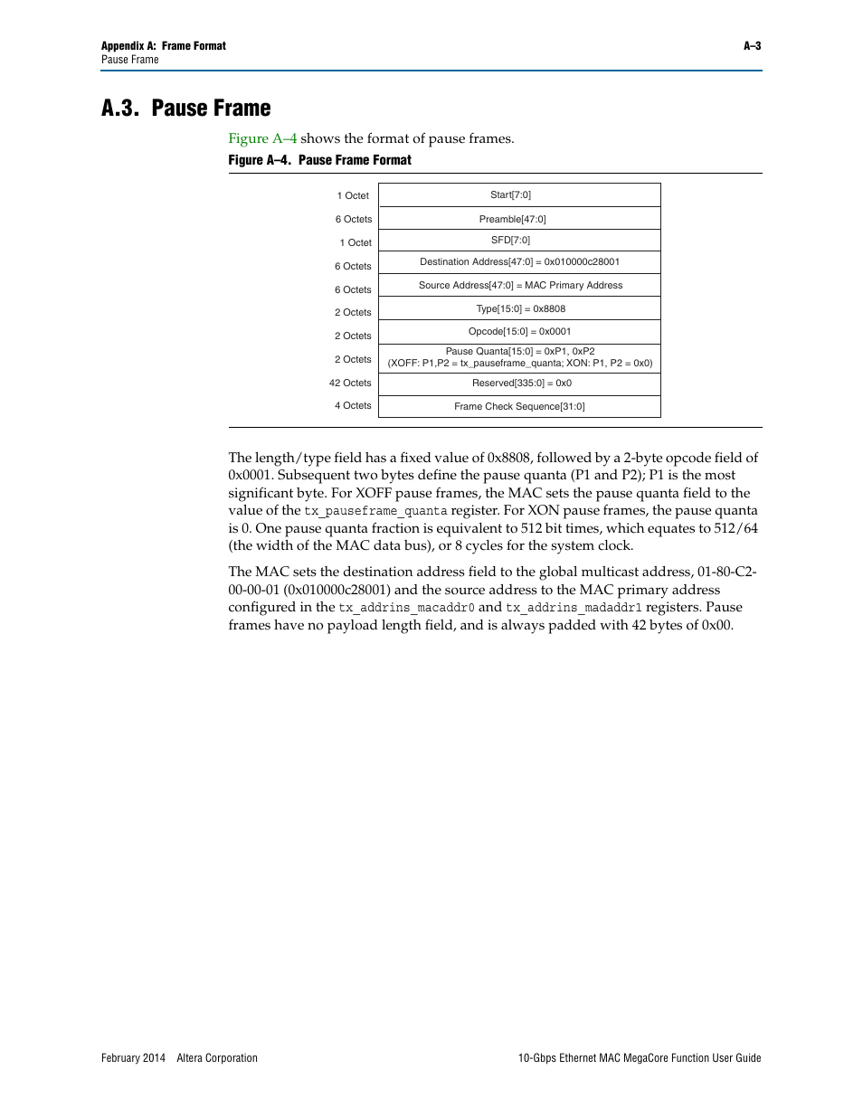 A.3. pause frame | Altera 10-Gbps Ethernet MAC MegaCore Function User Manual | Page 155 / 175