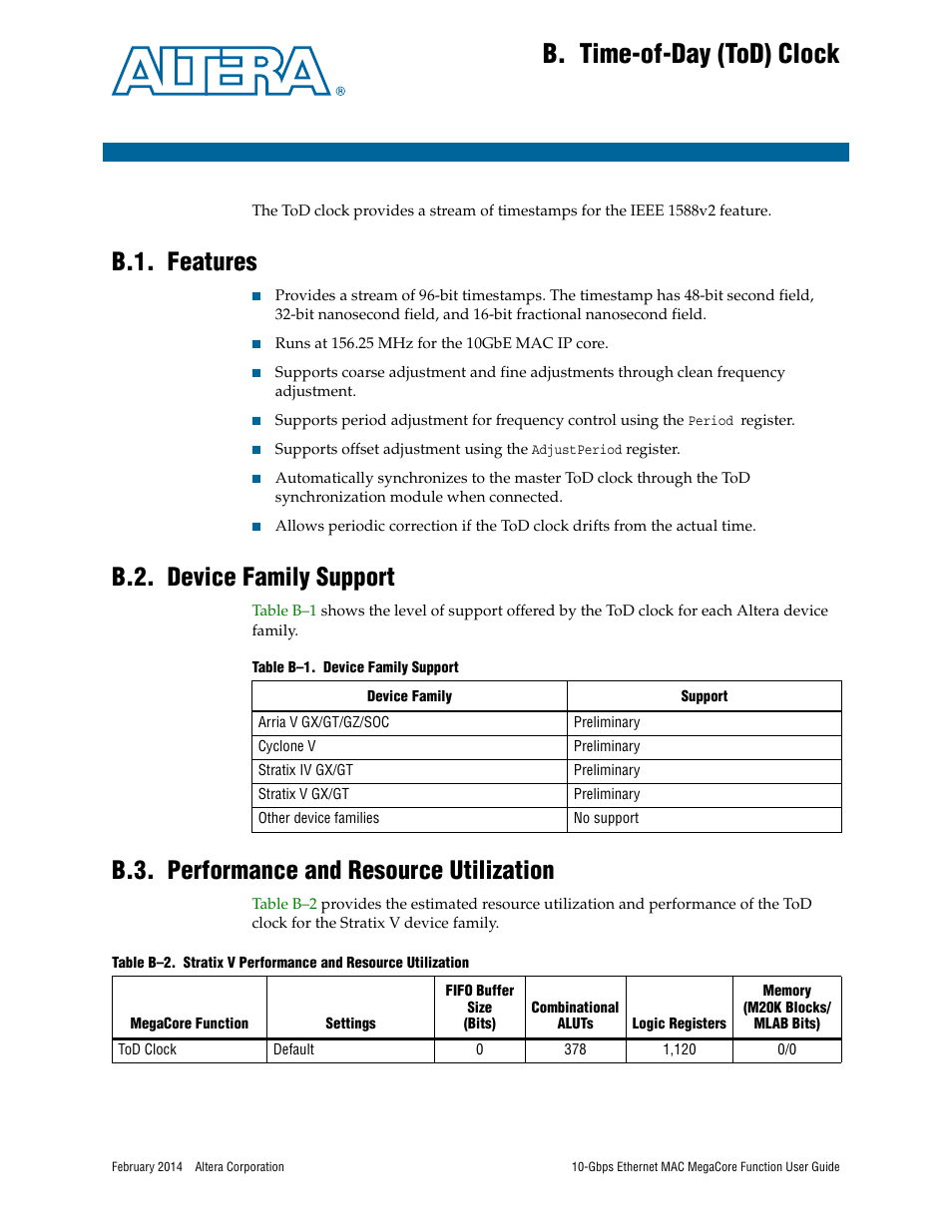 B. time-of-day (tod) clock, B.1. features, B.2. device family support | B.3. performance and resource utilization, Appendix b. time-of-day (tod) clock, Appendix b, time-of-day (tod), Clock | Altera 10-Gbps Ethernet MAC MegaCore Function User Manual | Page 157 / 175