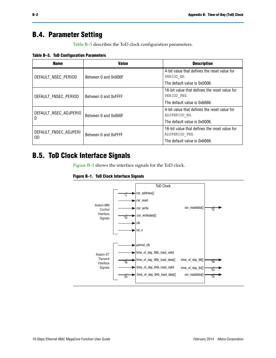 B.4. parameter setting, B.5. tod clock interface signals | Altera 10-Gbps Ethernet MAC MegaCore Function User Manual | Page 158 / 175
