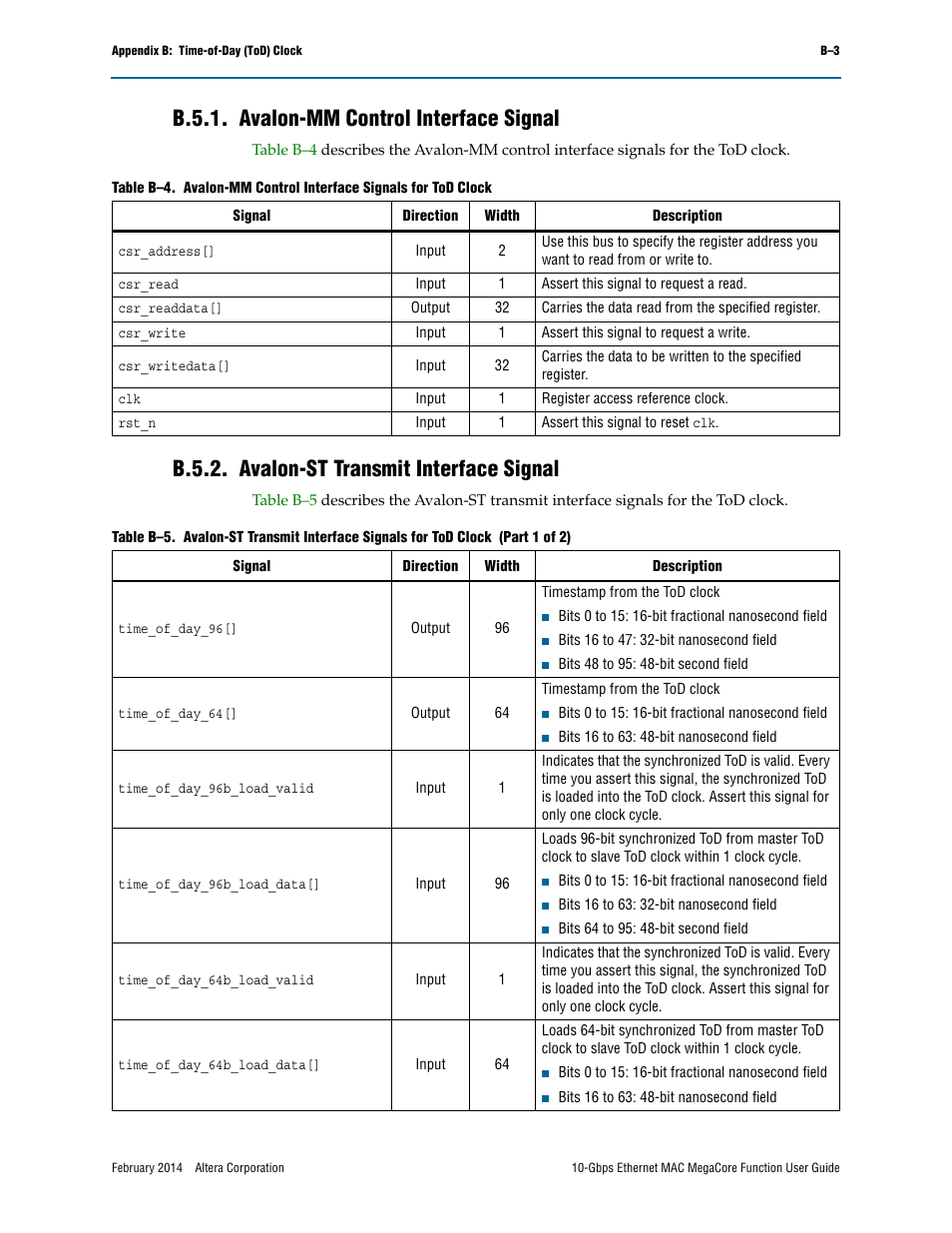 B.5.1. avalon-mm control interface signal, B.5.2. avalon-st transmit interface signal | Altera 10-Gbps Ethernet MAC MegaCore Function User Manual | Page 159 / 175