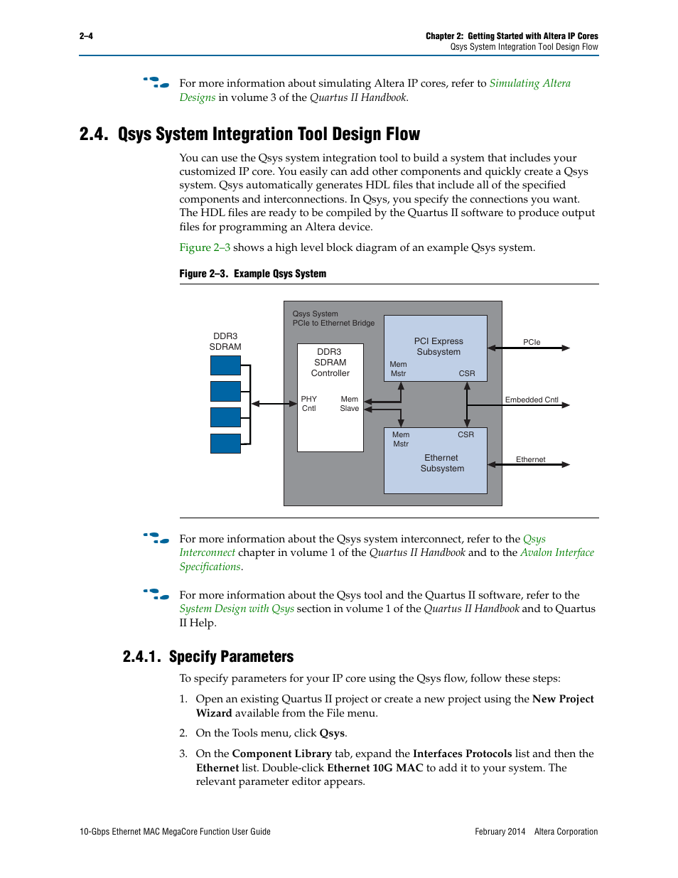 Qsys system integration tool design flow, Specify parameters, Qsys system integration tool design flow –4 | Specify parameters –4 | Altera 10-Gbps Ethernet MAC MegaCore Function User Manual | Page 16 / 175