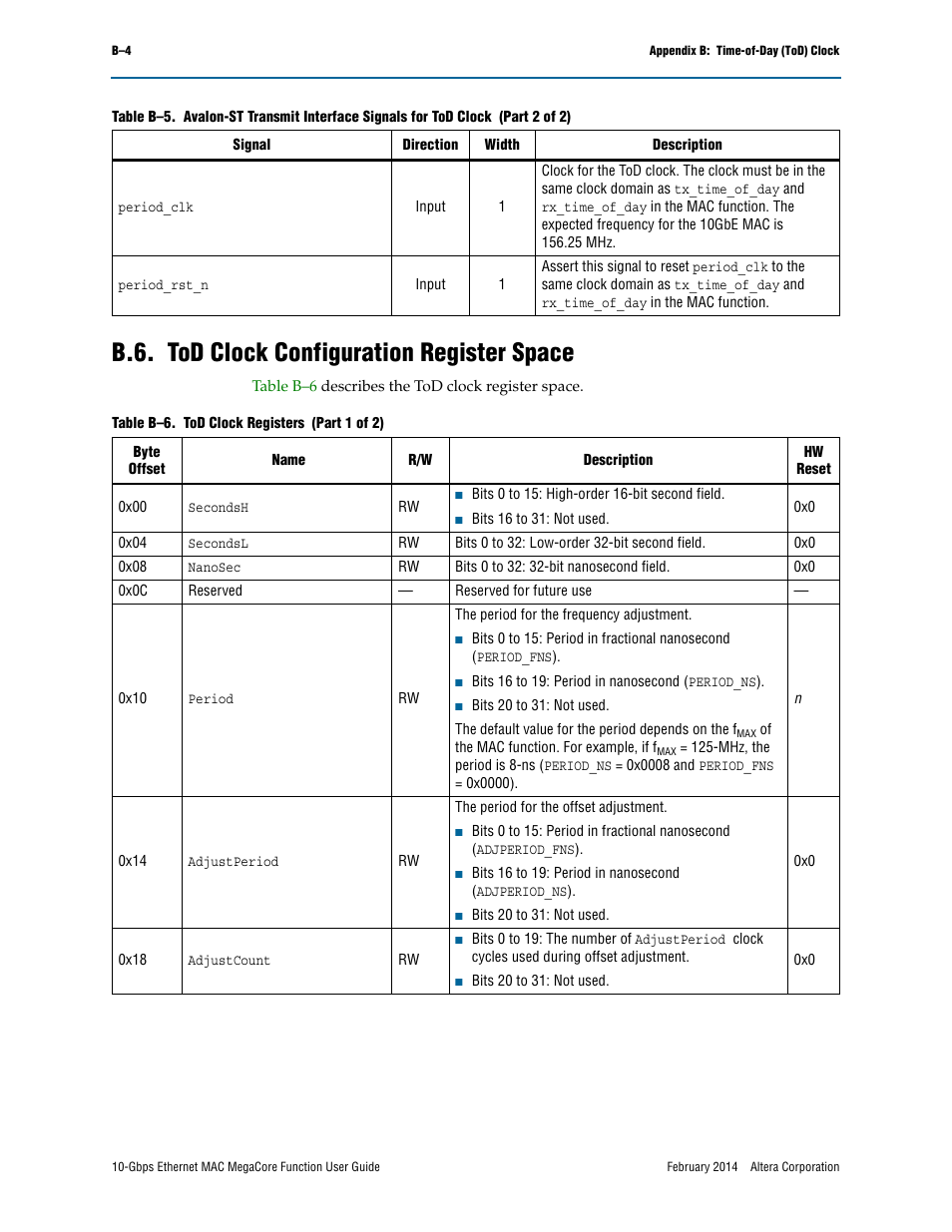 B.6. tod clock configuration register space | Altera 10-Gbps Ethernet MAC MegaCore Function User Manual | Page 160 / 175