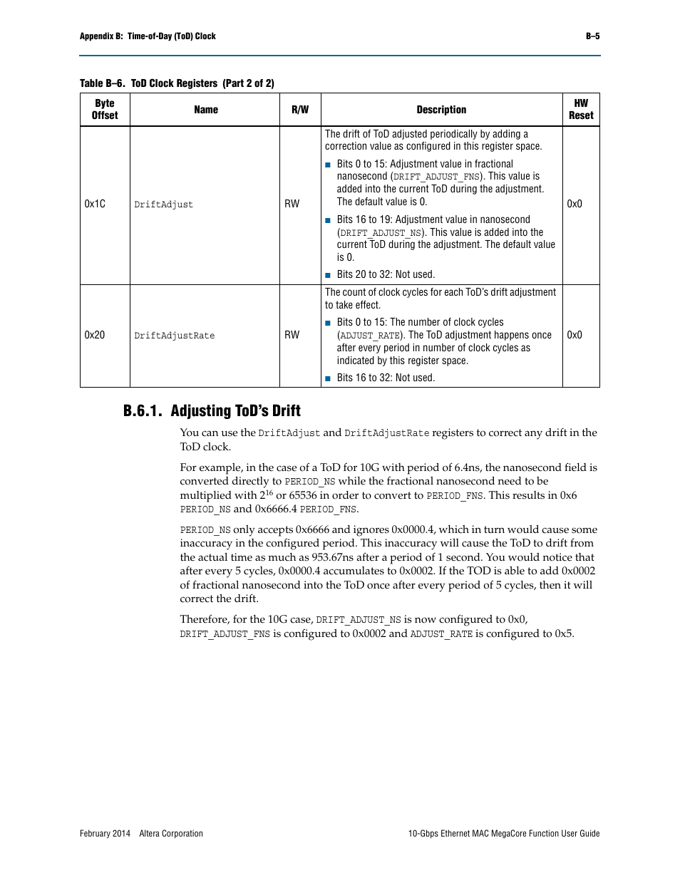 B.6.1. adjusting tod’s drift | Altera 10-Gbps Ethernet MAC MegaCore Function User Manual | Page 161 / 175