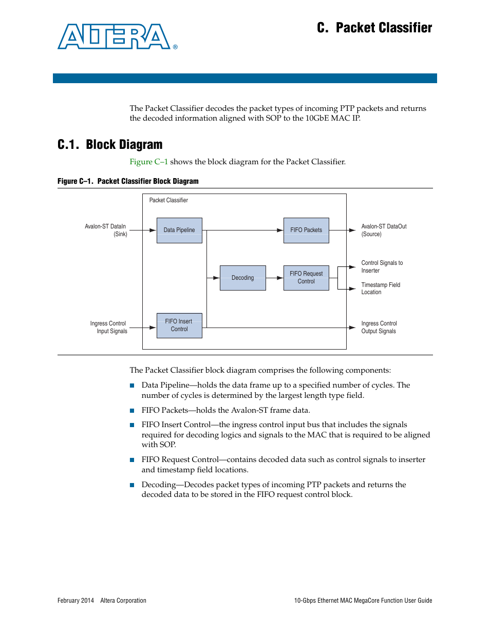 C. packet classifier, C.1. block diagram, Appendix c. packet classifier | Appendix c, packet, Classifier | Altera 10-Gbps Ethernet MAC MegaCore Function User Manual | Page 162 / 175