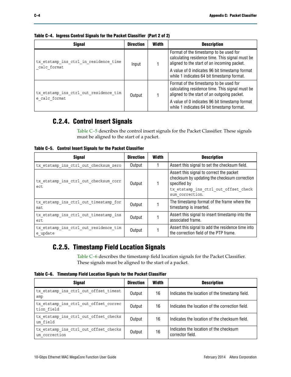 C.2.4. control insert signals, C.2.5. timestamp field location signals | Altera 10-Gbps Ethernet MAC MegaCore Function User Manual | Page 165 / 175