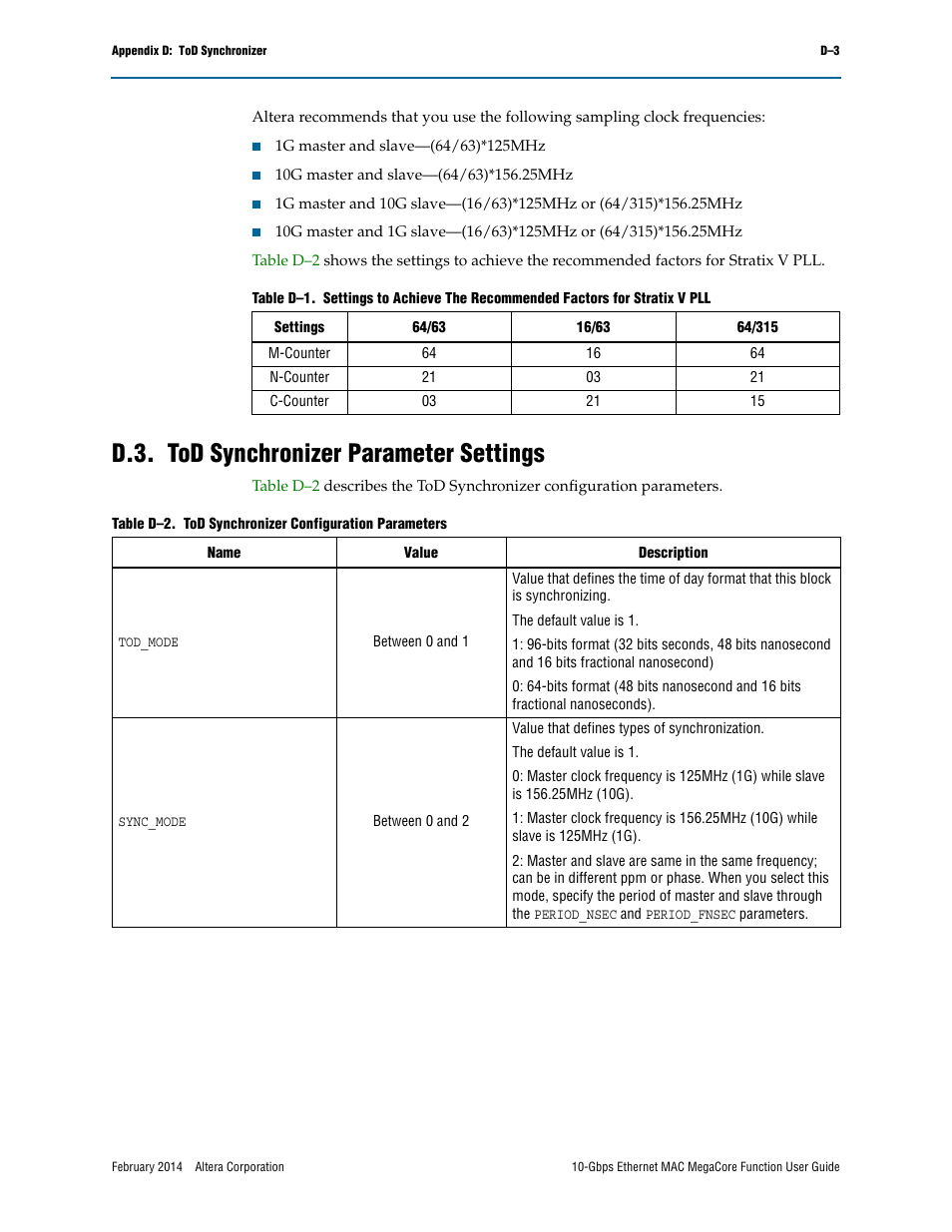 D.3. tod synchronizer parameter settings | Altera 10-Gbps Ethernet MAC MegaCore Function User Manual | Page 168 / 175