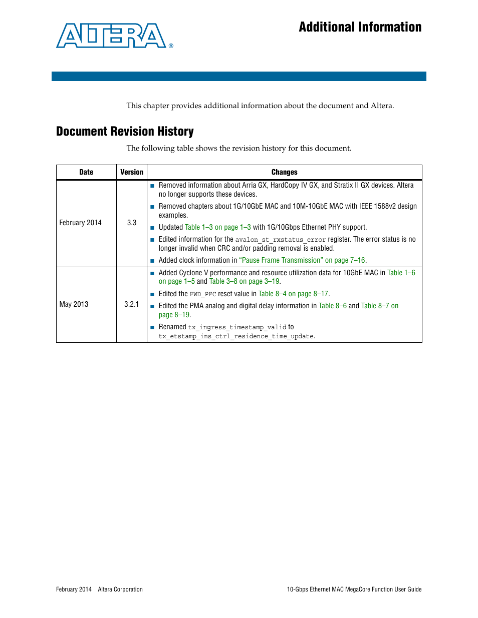 Additional information, Document revision history | Altera 10-Gbps Ethernet MAC MegaCore Function User Manual | Page 171 / 175