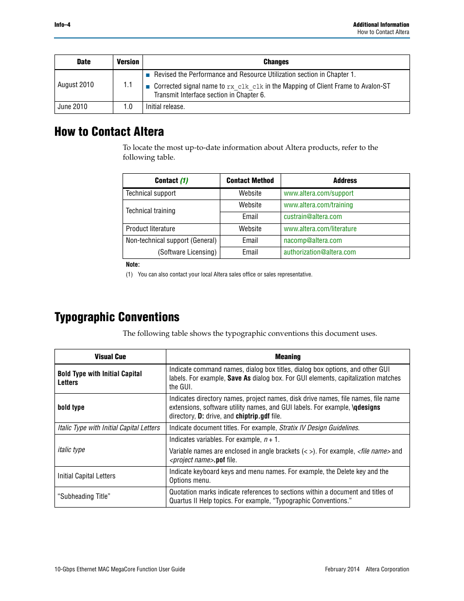 How to contact altera, Typographic conventions | Altera 10-Gbps Ethernet MAC MegaCore Function User Manual | Page 174 / 175