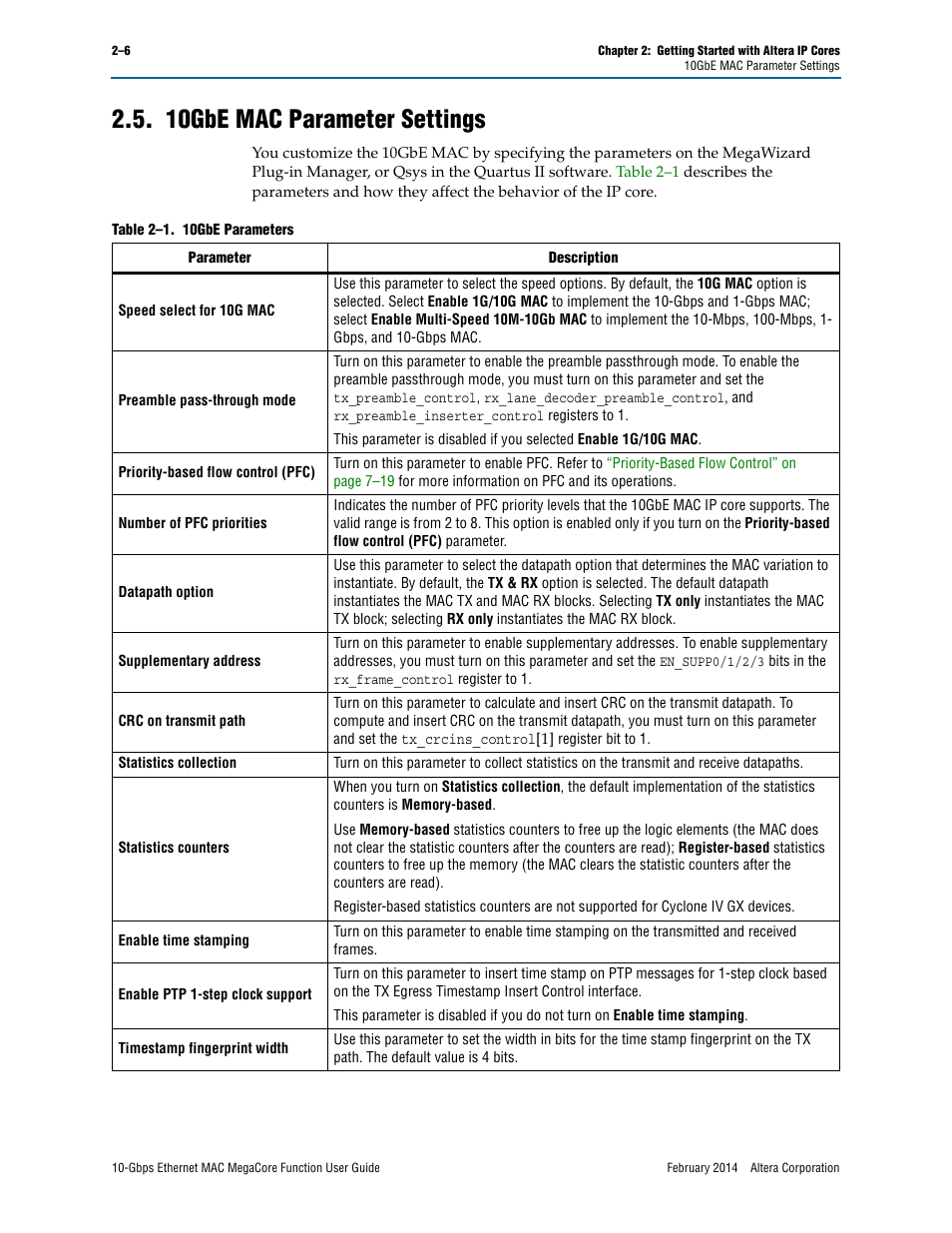 10gbe mac parameter settings, 10gbe mac parameter settings –6 | Altera 10-Gbps Ethernet MAC MegaCore Function User Manual | Page 18 / 175