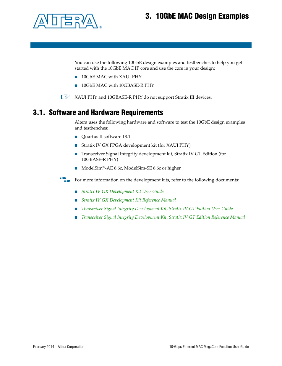 10gbe mac design examples, Software and hardware requirements, Chapter 3. 10gbe mac design examples | Software and hardware requirements –1 | Altera 10-Gbps Ethernet MAC MegaCore Function User Manual | Page 19 / 175