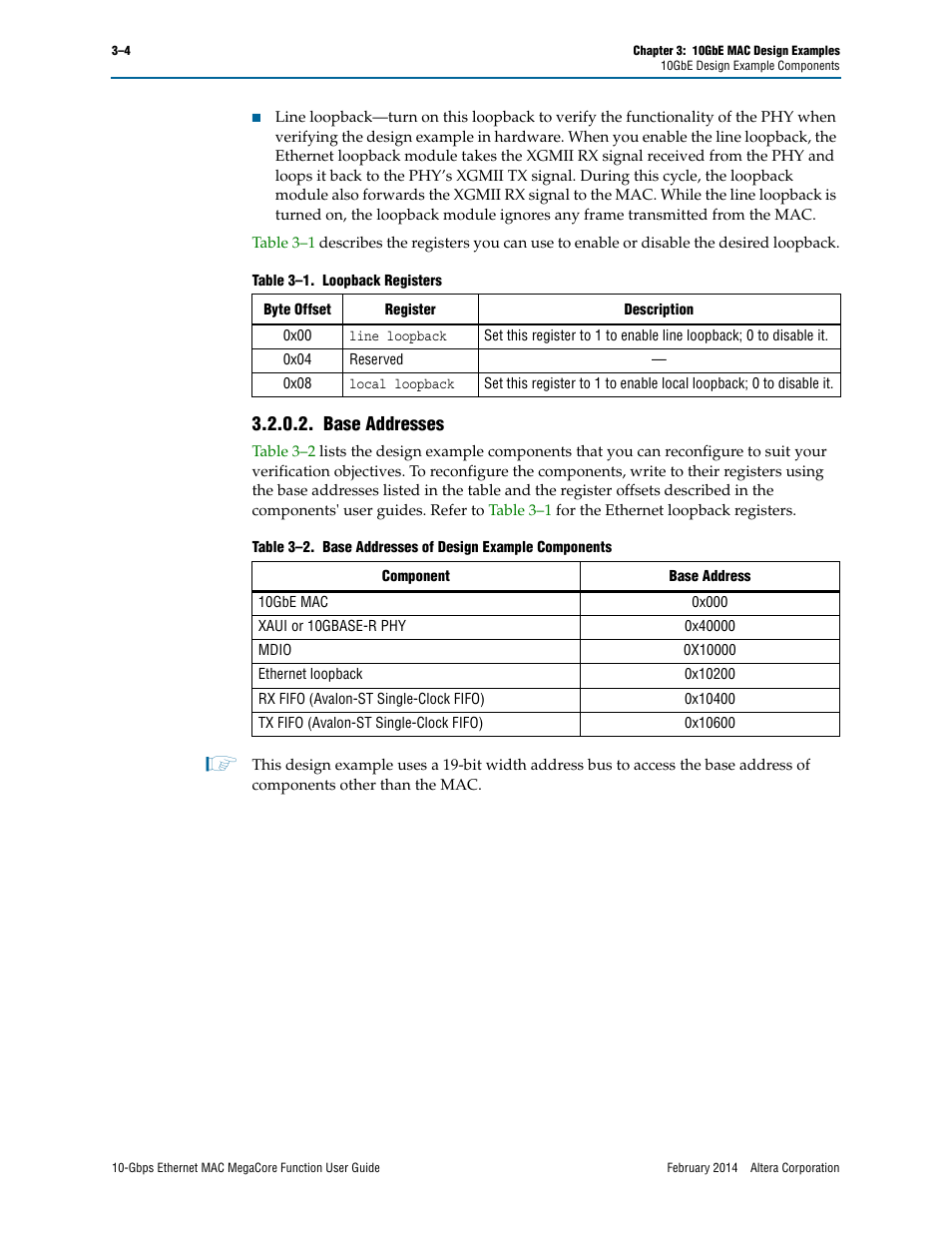 Base addresses, Base addresses –4 | Altera 10-Gbps Ethernet MAC MegaCore Function User Manual | Page 22 / 175