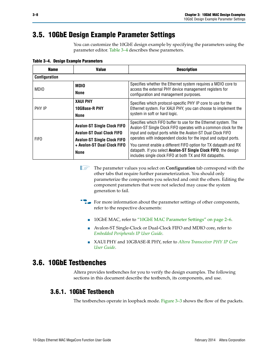10gbe design example parameter settings, 10gbe testbenches, 10gbe testbench | 10gbe testbench –8 | Altera 10-Gbps Ethernet MAC MegaCore Function User Manual | Page 26 / 175