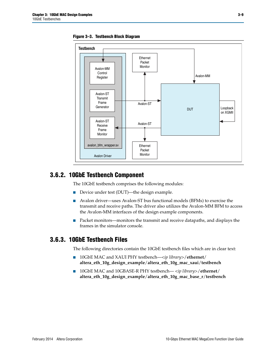 10gbe testbench component, 10gbe testbench files, Figure 3–3 | Shows the | Altera 10-Gbps Ethernet MAC MegaCore Function User Manual | Page 27 / 175