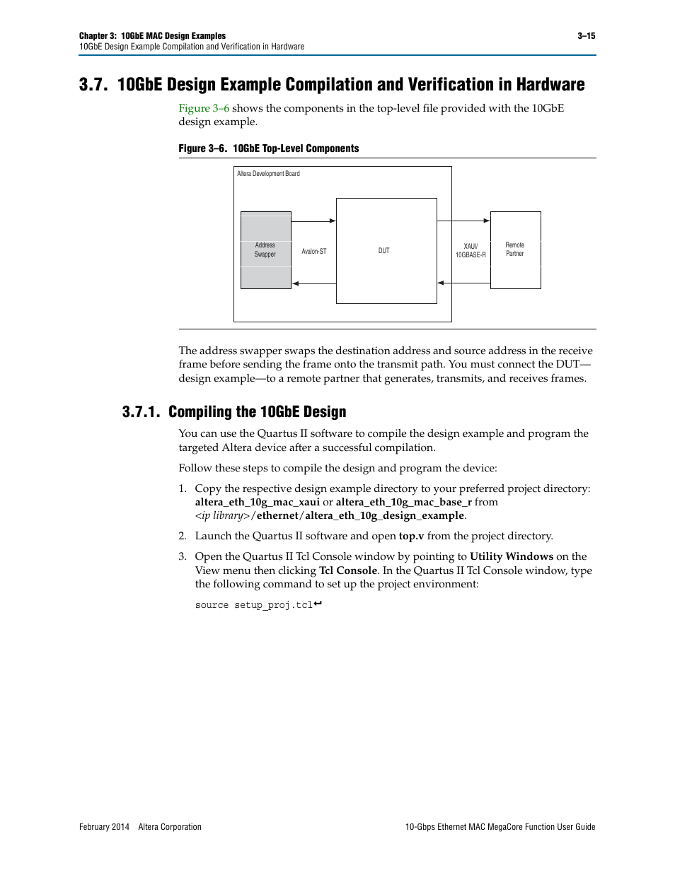 Compiling the 10gbe design, Compiling the 10gbe design –15 | Altera 10-Gbps Ethernet MAC MegaCore Function User Manual | Page 33 / 175
