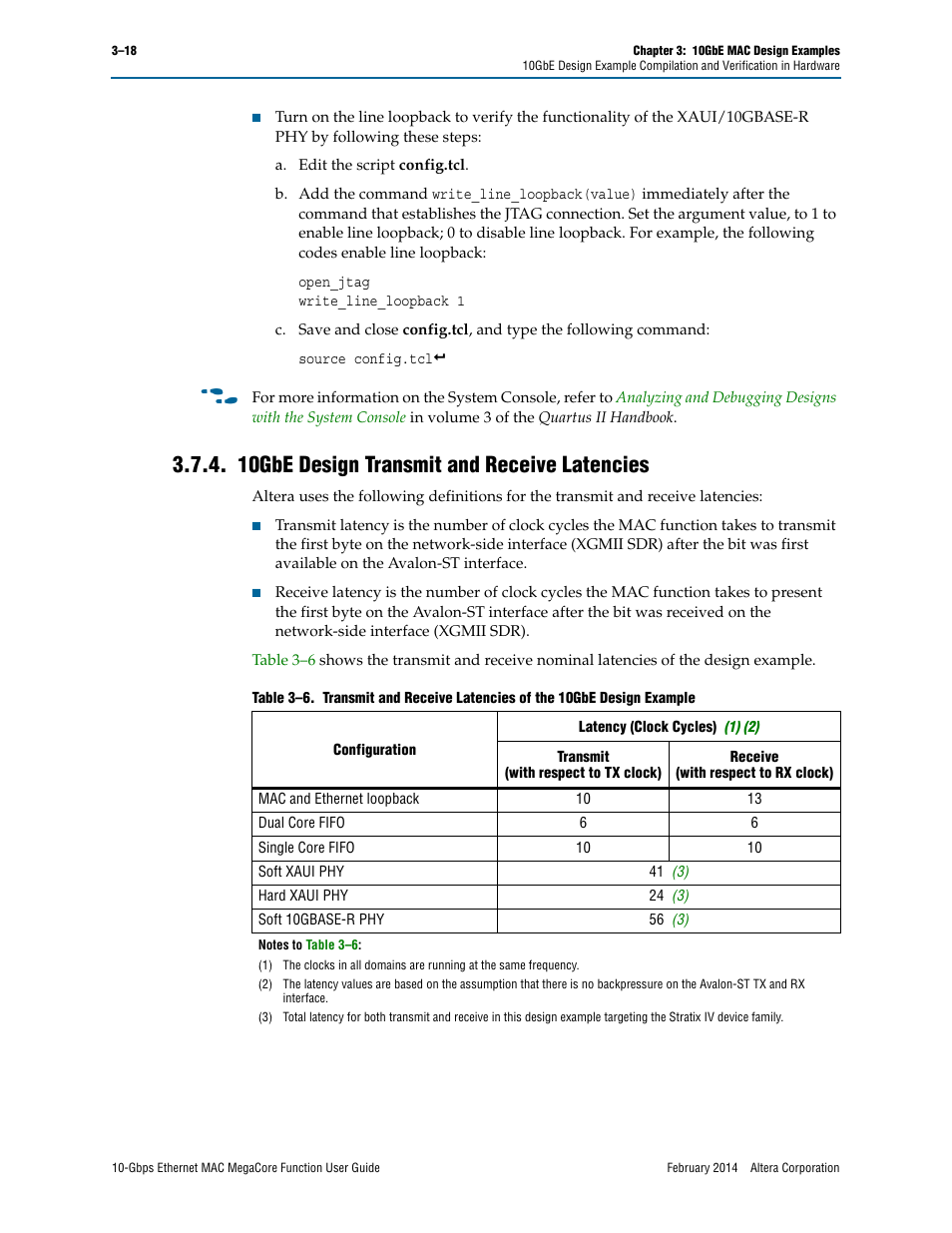 10gbe design transmit and receive latencies, 10gbe design transmit and receive latencies –18 | Altera 10-Gbps Ethernet MAC MegaCore Function User Manual | Page 36 / 175