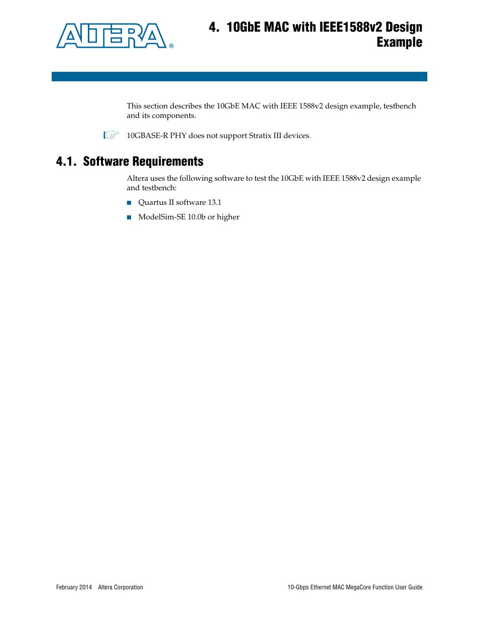 10gbe mac with ieee1588v2 design example, Software requirements, Software requirements –1 | Altera 10-Gbps Ethernet MAC MegaCore Function User Manual | Page 39 / 175