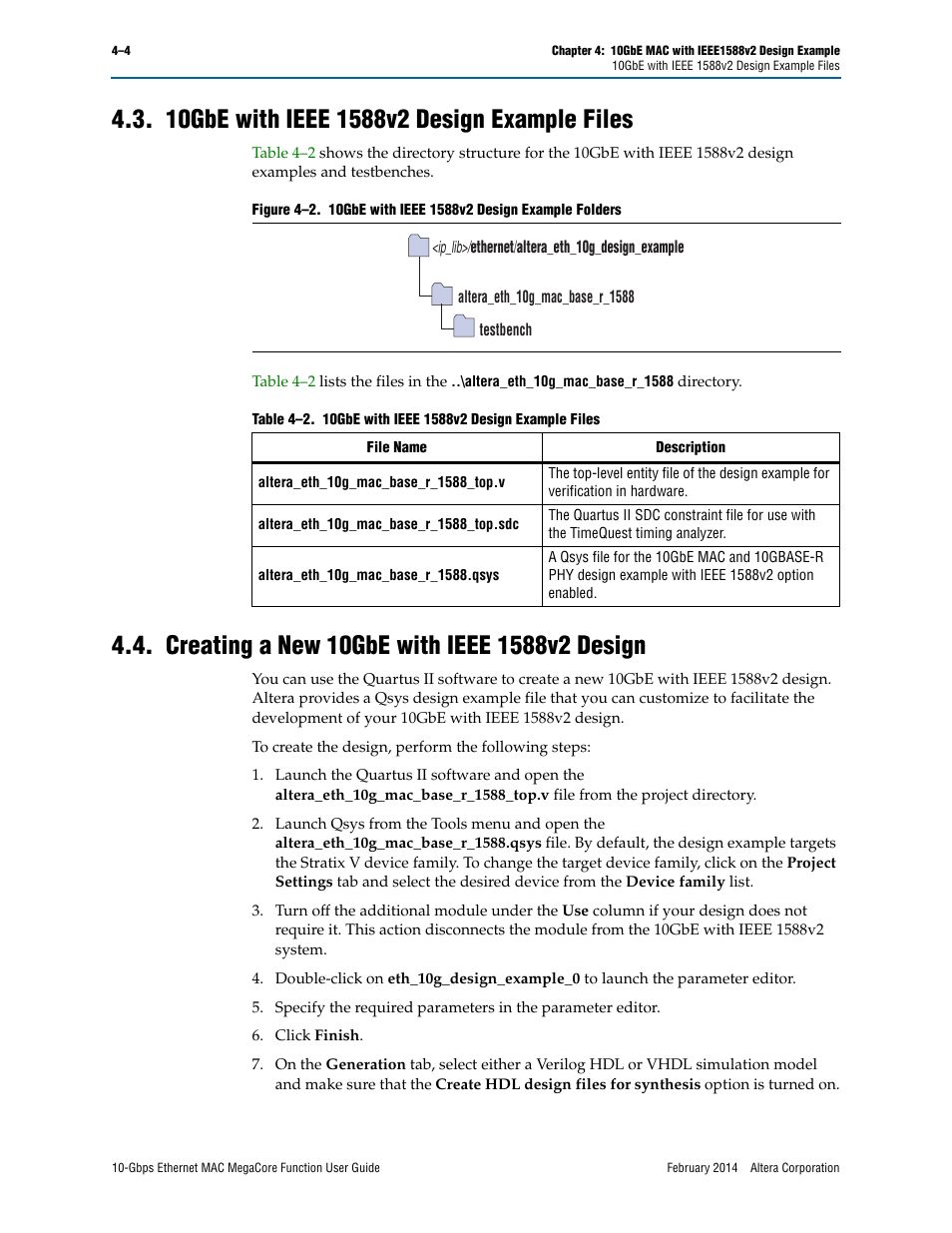 10gbe with ieee 1588v2 design example files, Creating a new 10gbe with ieee 1588v2 design | Altera 10-Gbps Ethernet MAC MegaCore Function User Manual | Page 42 / 175