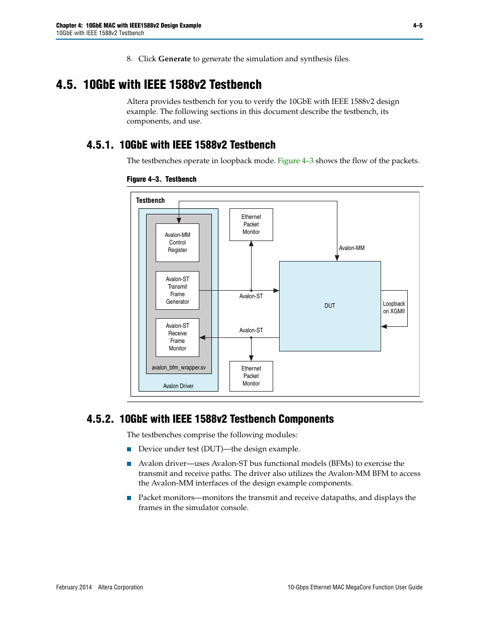 10gbe with ieee 1588v2 testbench, 10gbe with ieee 1588v2 testbench components, 10gbe with ieee 1588v2 testbench –5 | Altera 10-Gbps Ethernet MAC MegaCore Function User Manual | Page 43 / 175