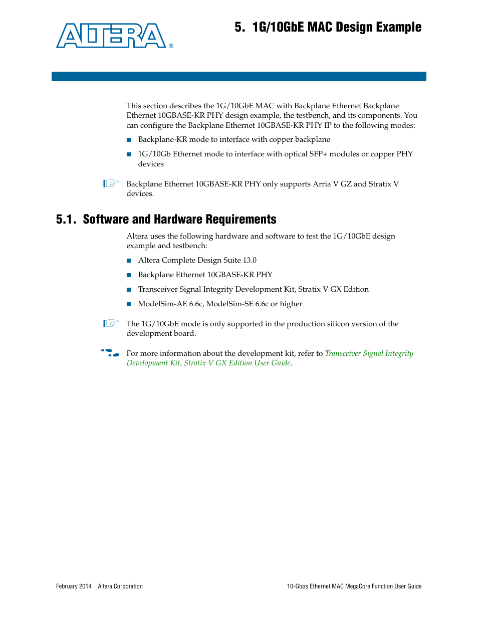 1g/10gbe mac design example, Software and hardware requirements, Chapter 5. 1g/10gbe mac design example | Software and hardware requirements –1 | Altera 10-Gbps Ethernet MAC MegaCore Function User Manual | Page 46 / 175