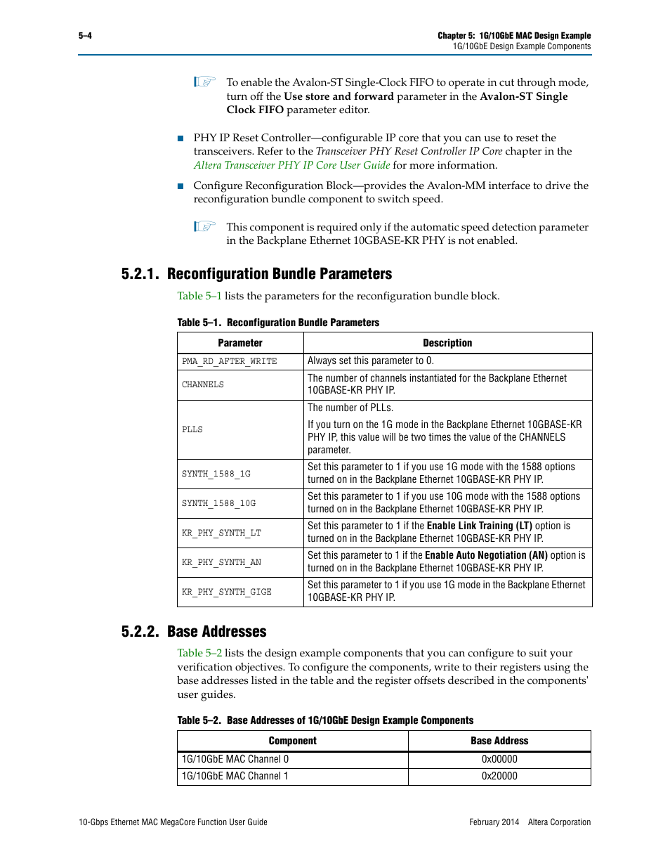 Reconfiguration bundle parameters, Base addresses | Altera 10-Gbps Ethernet MAC MegaCore Function User Manual | Page 49 / 175