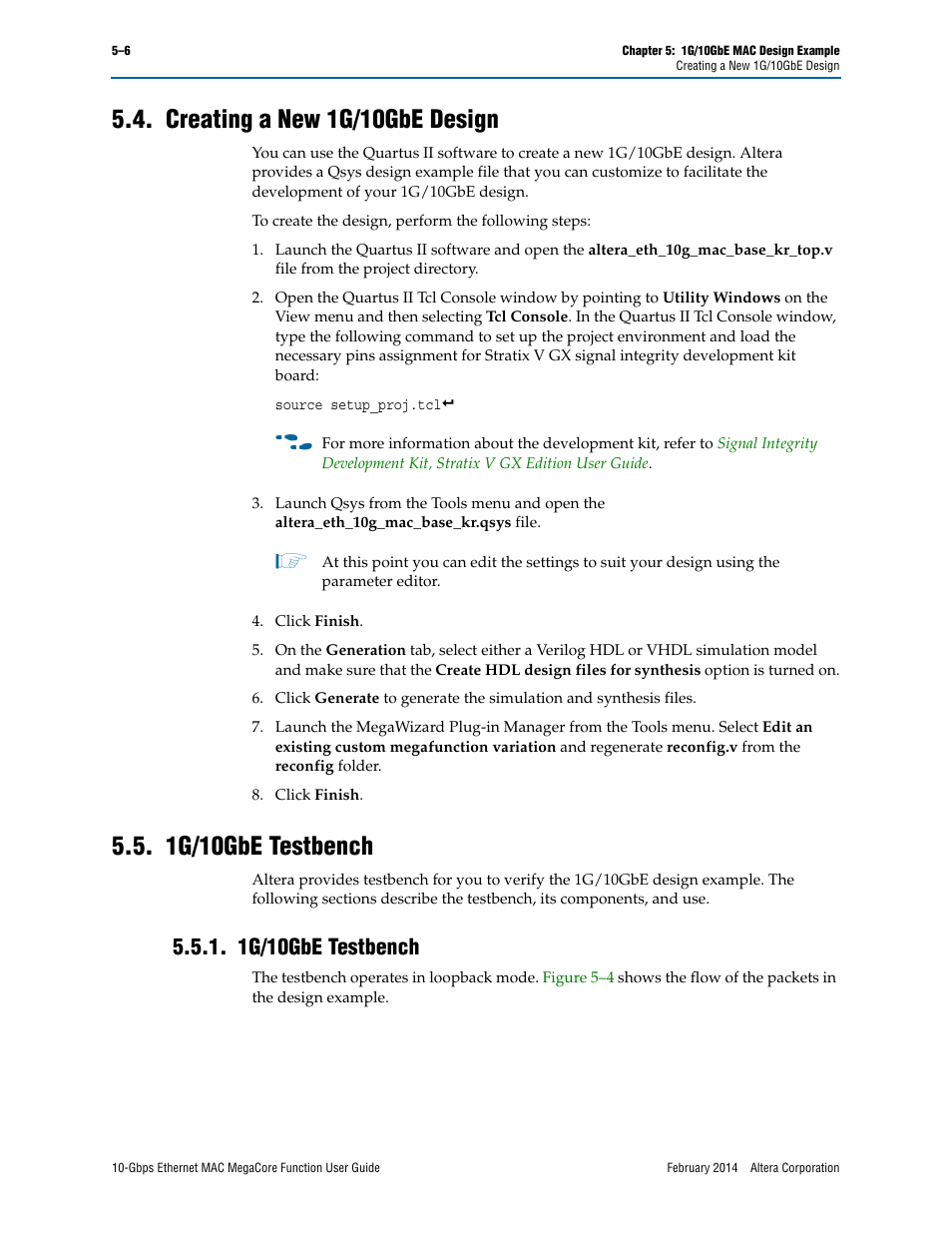 Creating a new 1g/10gbe design, 1g/10gbe testbench, 1g/10gbe testbench –6 | Altera 10-Gbps Ethernet MAC MegaCore Function User Manual | Page 51 / 175