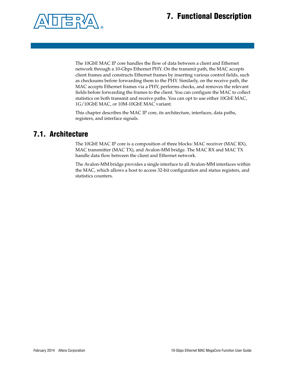 Functional description, Architecture, Chapter 7. functional description | Architecture –1 | Altera 10-Gbps Ethernet MAC MegaCore Function User Manual | Page 68 / 175
