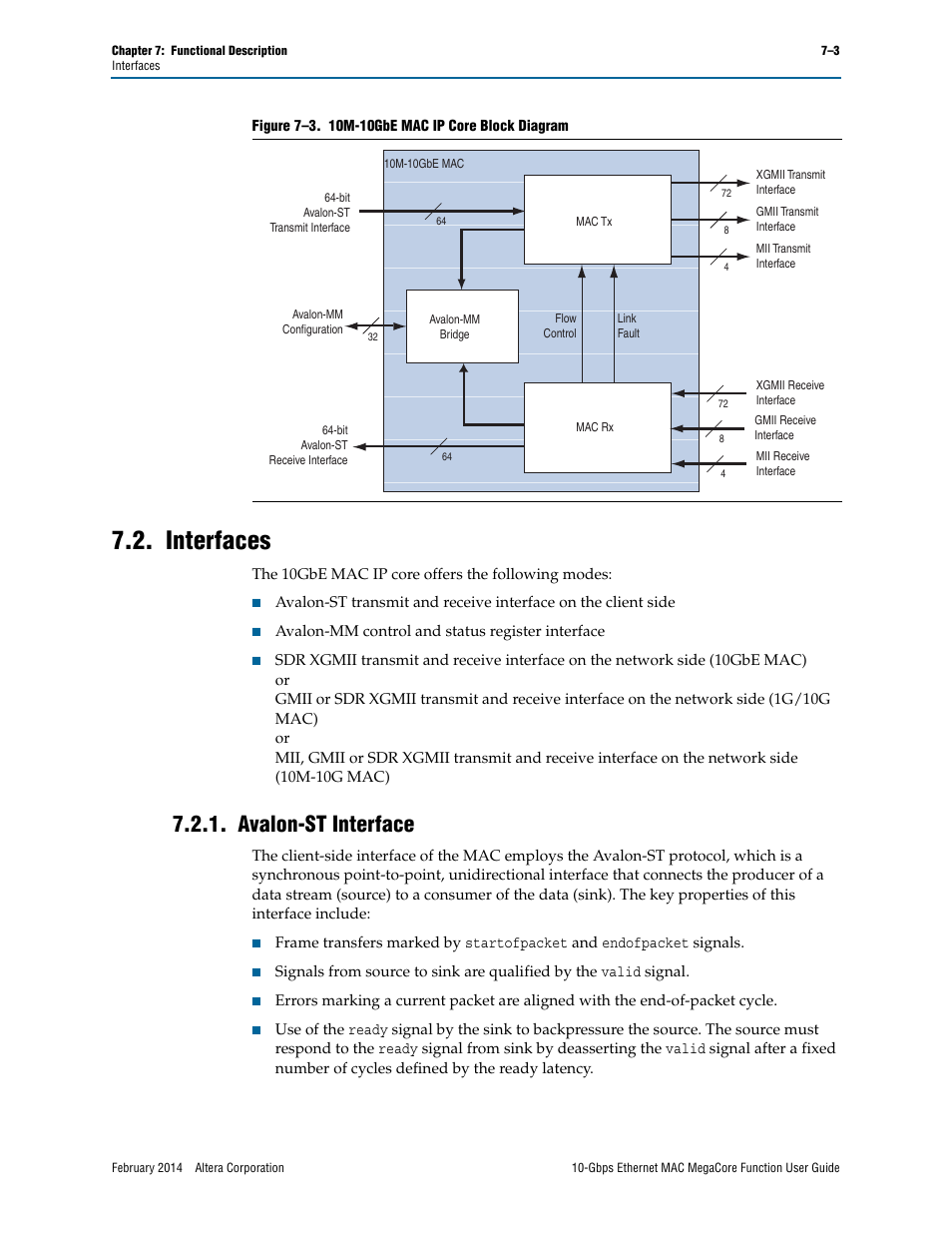 Interfaces, Avalon-st interface, Interfaces –3 | Avalon-st interface –3, Figure 7–3, Show the | Altera 10-Gbps Ethernet MAC MegaCore Function User Manual | Page 70 / 175