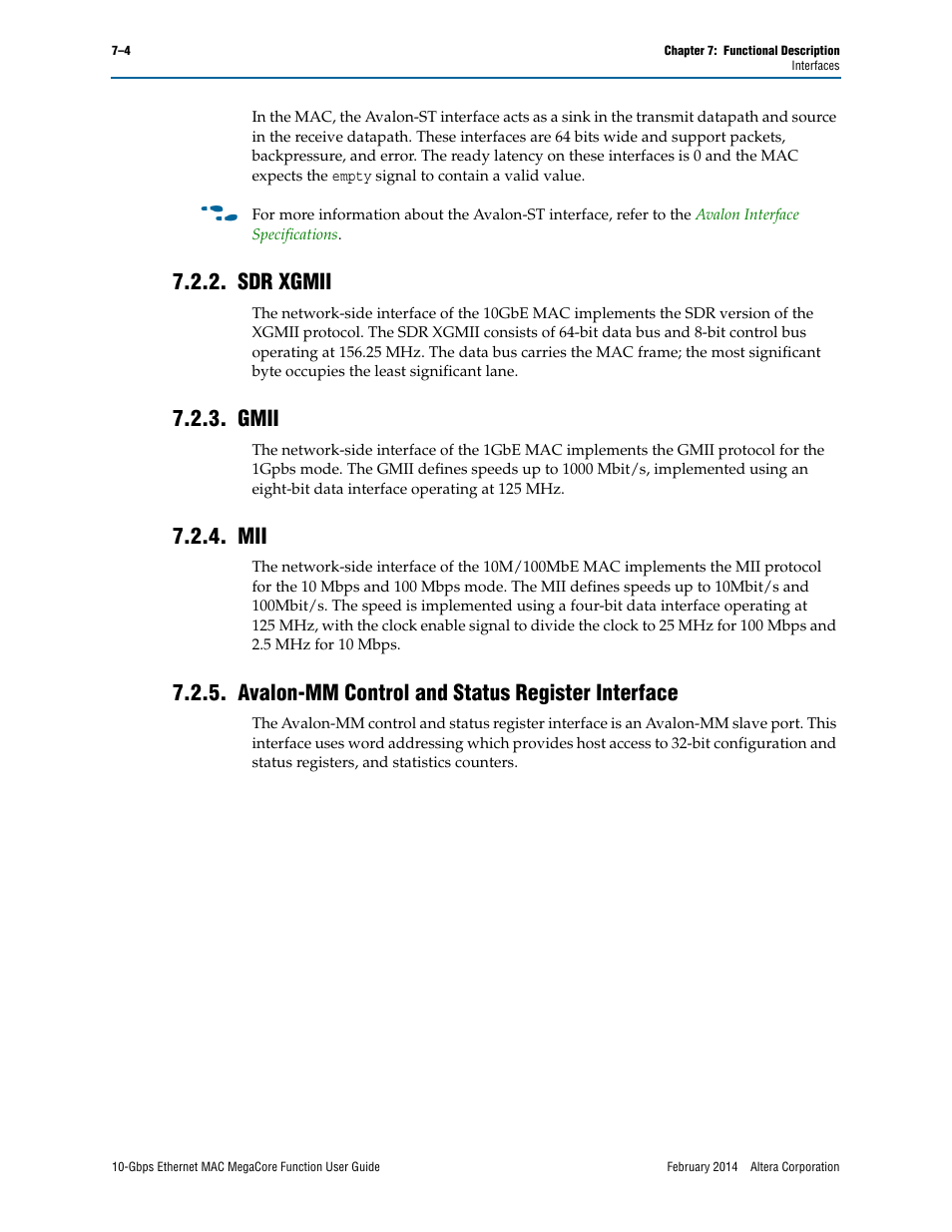Sdr xgmii, Gmii, Avalon-mm control and status register interface | Altera 10-Gbps Ethernet MAC MegaCore Function User Manual | Page 71 / 175