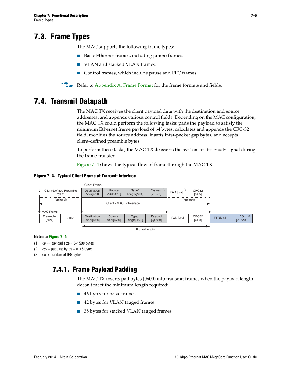 Frame types, Transmit datapath, Frame payload padding | Frame types –5 7.4. transmit datapath –5, Frame payload padding –5, The mac supports the following frame types, Basic ethernet frames, including jumbo frames, Vlan and stacked vlan frames, 46 bytes for basic frames, 42 bytes for vlan tagged frames | Altera 10-Gbps Ethernet MAC MegaCore Function User Manual | Page 72 / 175