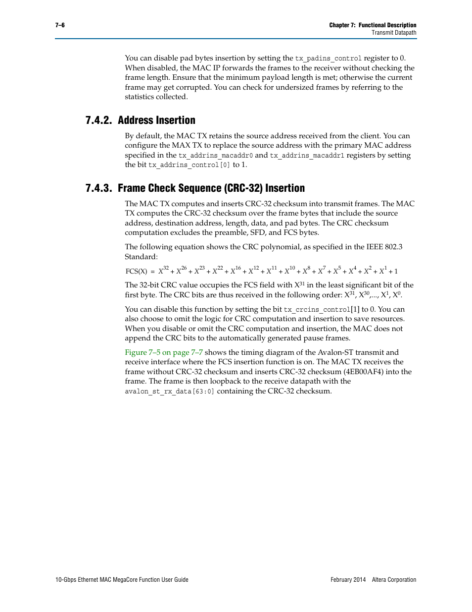 Address insertion, Frame check sequence (crc-32) insertion | Altera 10-Gbps Ethernet MAC MegaCore Function User Manual | Page 73 / 175