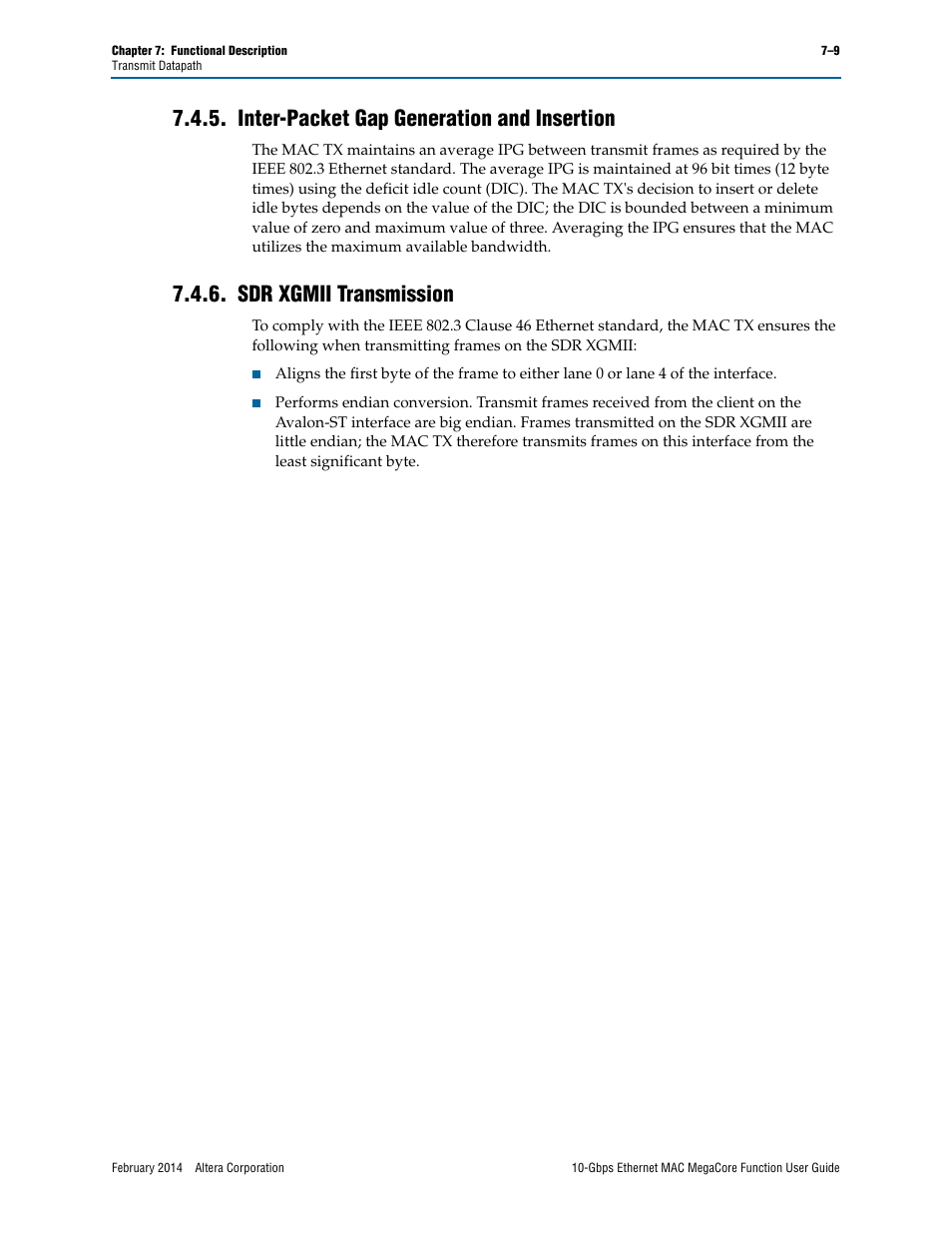 Inter-packet gap generation and insertion, Sdr xgmii transmission | Altera 10-Gbps Ethernet MAC MegaCore Function User Manual | Page 76 / 175