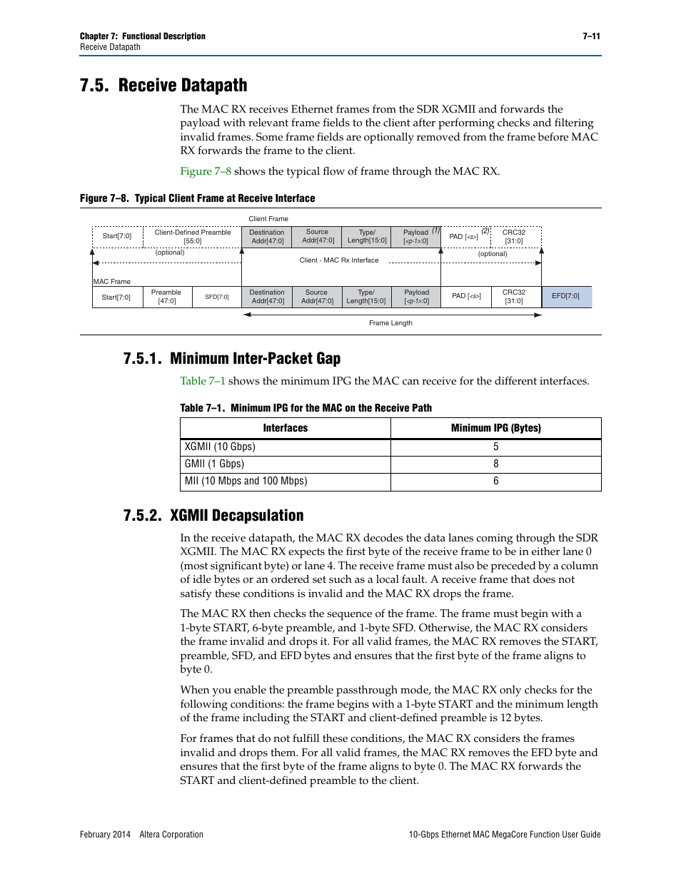 Receive datapath, Minimum inter-packet gap, Xgmii decapsulation | Receive datapath –11 | Altera 10-Gbps Ethernet MAC MegaCore Function User Manual | Page 78 / 175