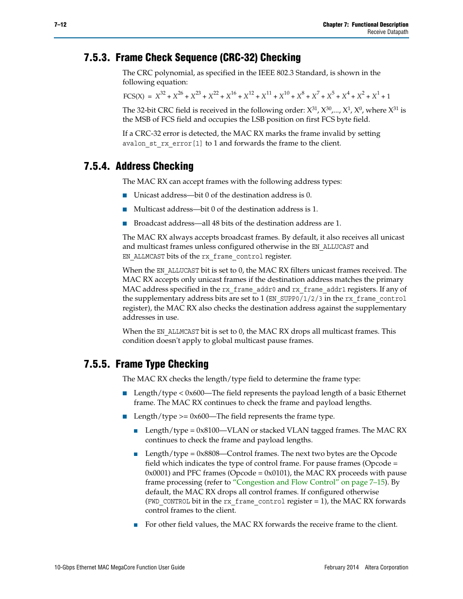 Frame check sequence (crc-32) checking, Address checking, Frame type checking | Altera 10-Gbps Ethernet MAC MegaCore Function User Manual | Page 79 / 175
