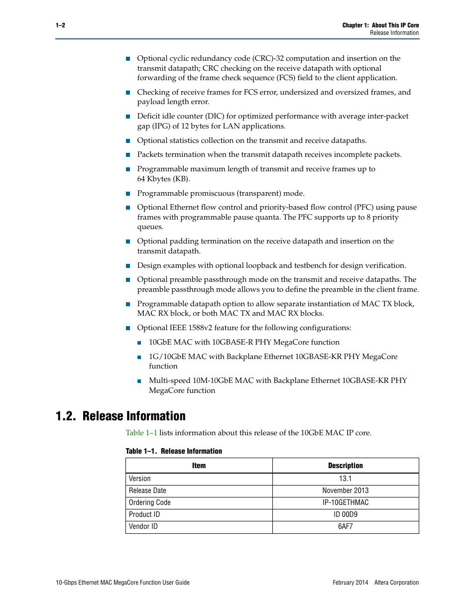 Release information, Release information –2 | Altera 10-Gbps Ethernet MAC MegaCore Function User Manual | Page 8 / 175