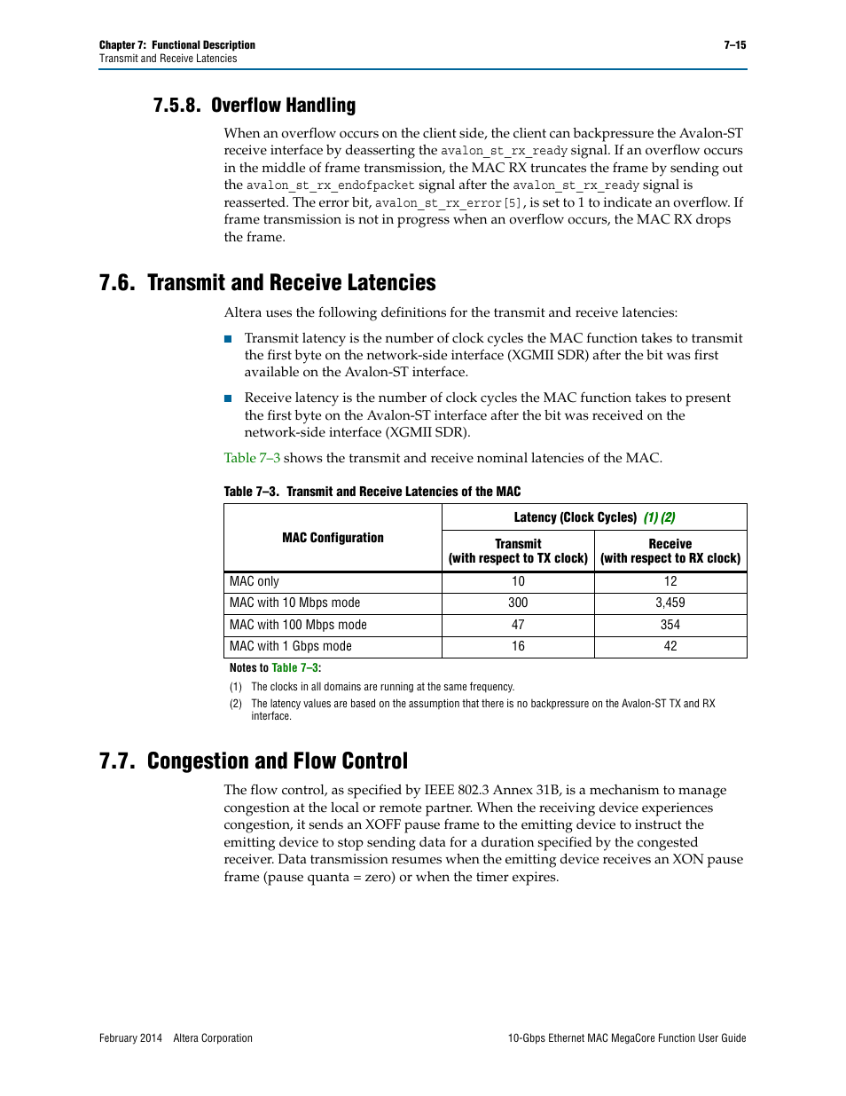 Overflow handling, Transmit and receive latencies, Congestion and flow control | Overflow handling –15 | Altera 10-Gbps Ethernet MAC MegaCore Function User Manual | Page 82 / 175