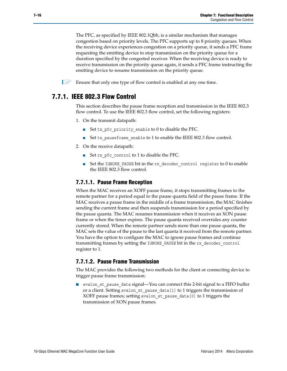 Ieee 802.3 flow control, Pause frame reception, Pause frame transmission | Ieee 802.3 flow control –16 | Altera 10-Gbps Ethernet MAC MegaCore Function User Manual | Page 83 / 175