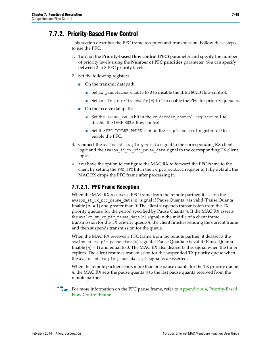 Priority-based flow control, Pfc frame reception, Priority-based flow control –19 | Pfc frame reception –19 | Altera 10-Gbps Ethernet MAC MegaCore Function User Manual | Page 86 / 175