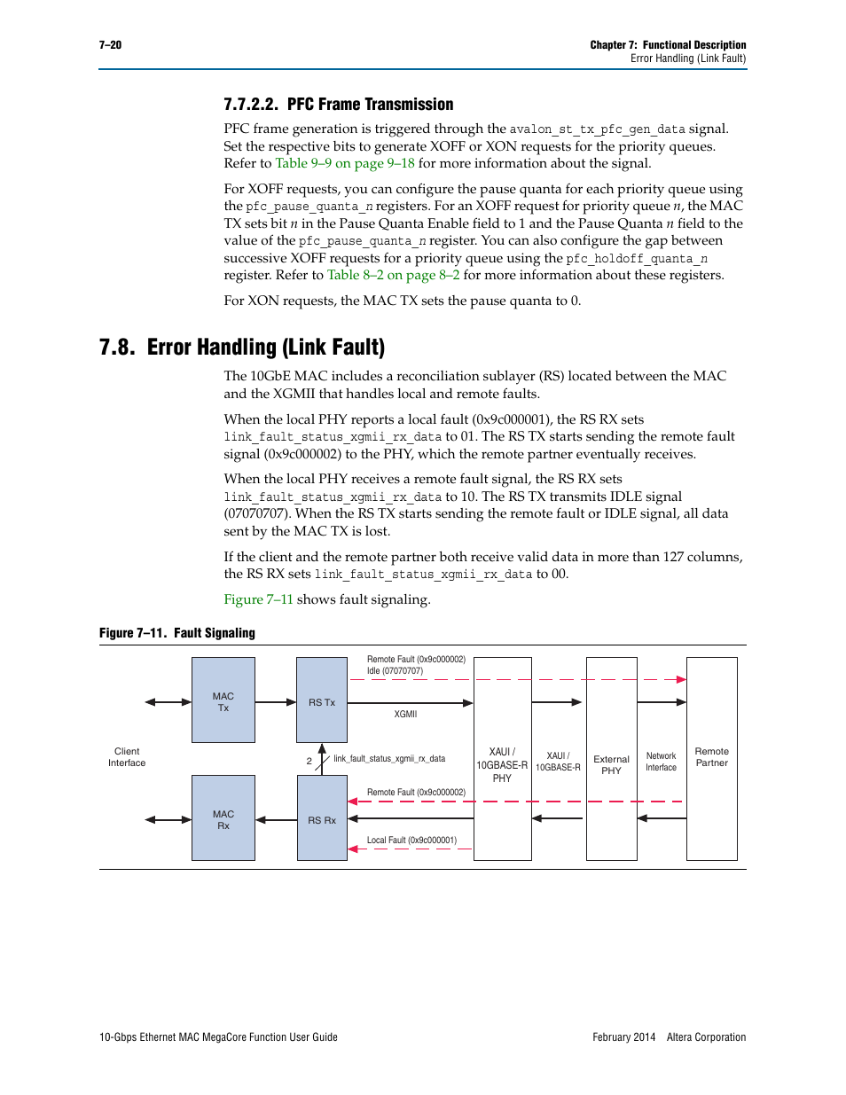 Pfc frame transmission, Error handling (link fault), Pfc frame transmission –20 | Error handling (link fault) –20 | Altera 10-Gbps Ethernet MAC MegaCore Function User Manual | Page 87 / 175