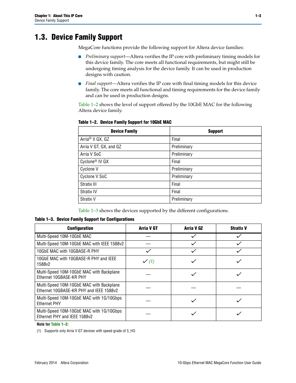 Device family support, Device family support –3 | Altera 10-Gbps Ethernet MAC MegaCore Function User Manual | Page 9 / 175