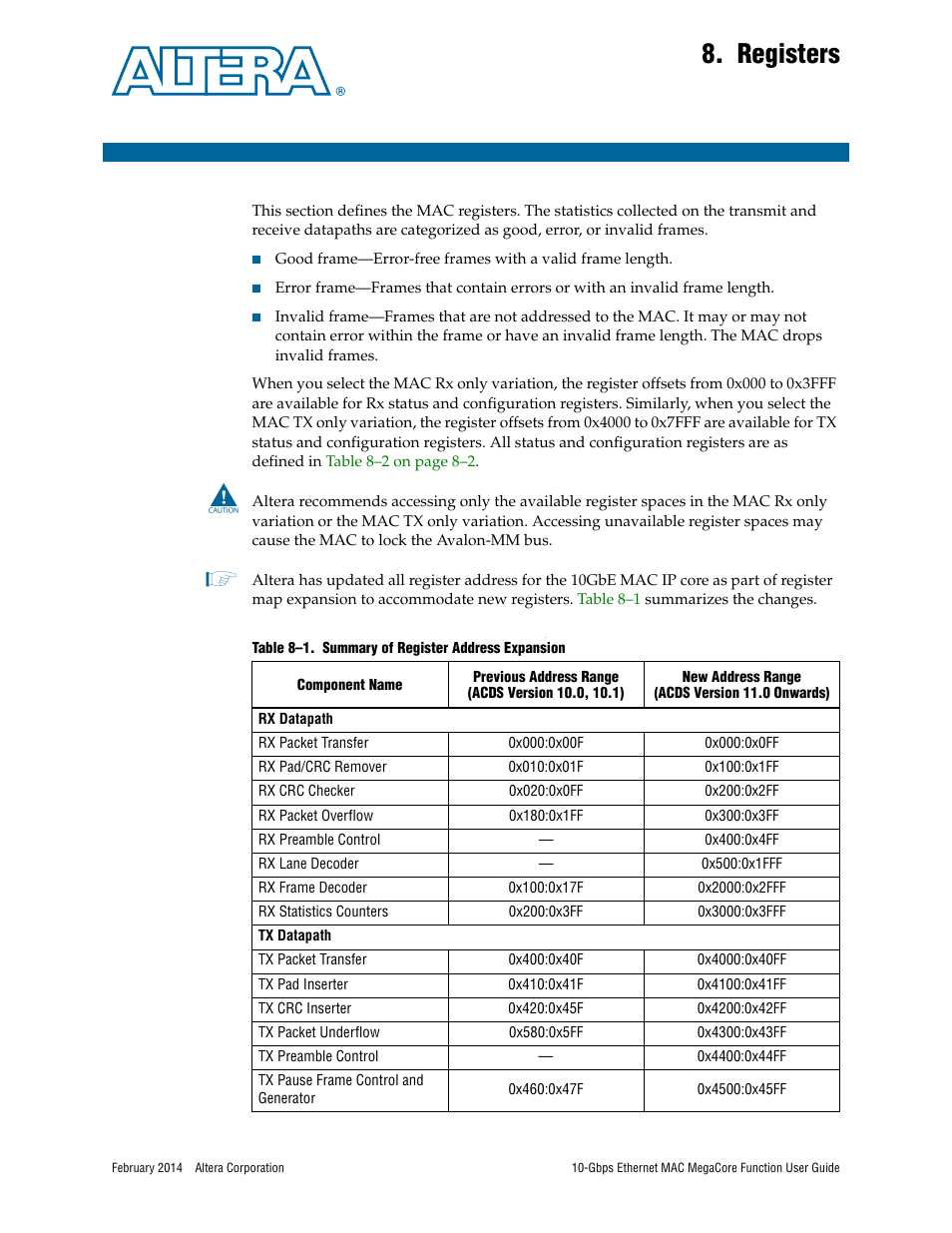 Registers, Chapter 8. registers | Altera 10-Gbps Ethernet MAC MegaCore Function User Manual | Page 95 / 175